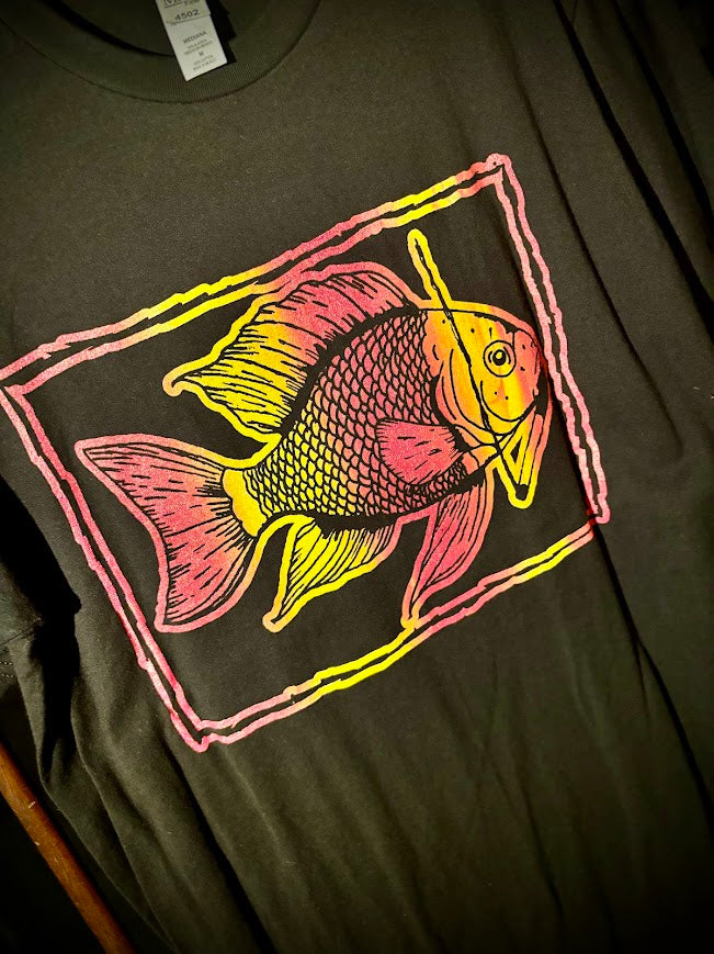 Fish smoking a cigarette on a t-shirt.