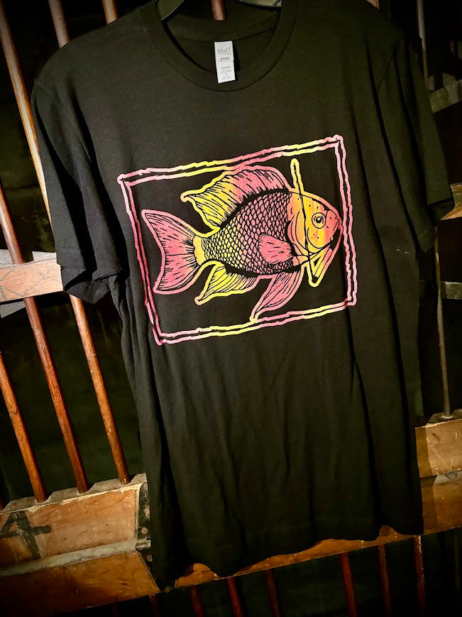Fish smoking a cigarette on a t-shirt.