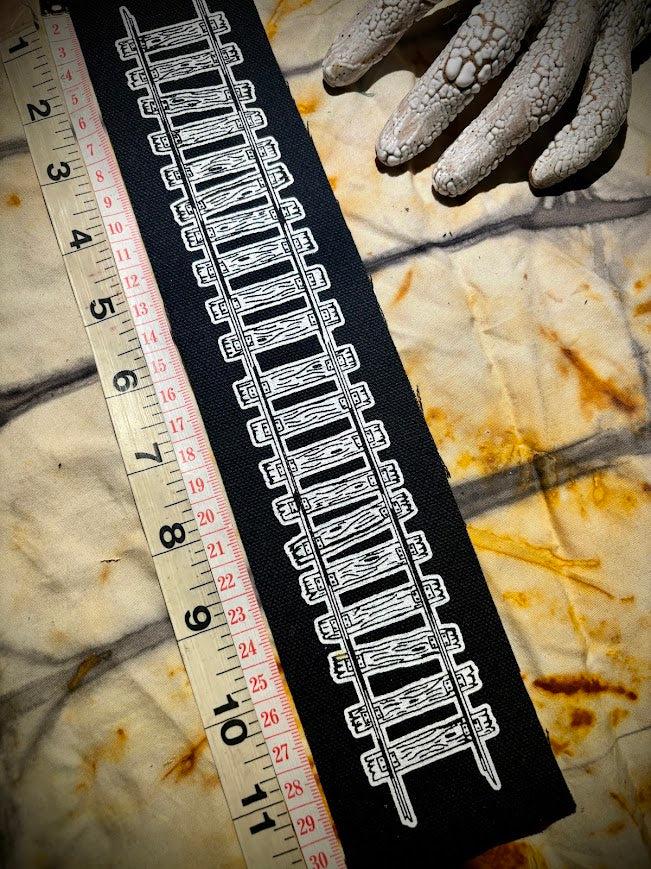 Train tracks sew on patch. 11 inches long