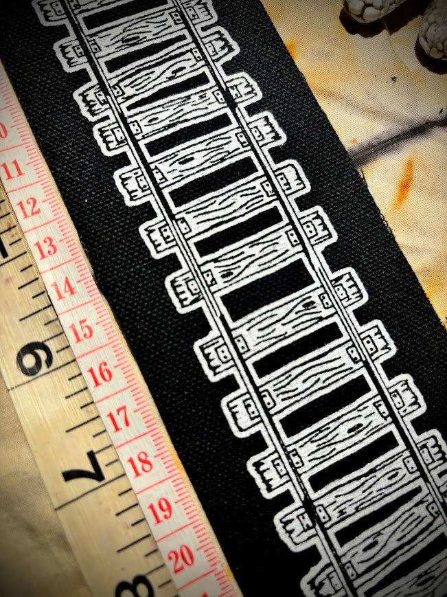 Train tracks sew on patch. 11 inches long
