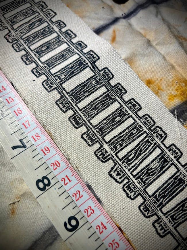Train tracks sew on patch. 11 inches long
