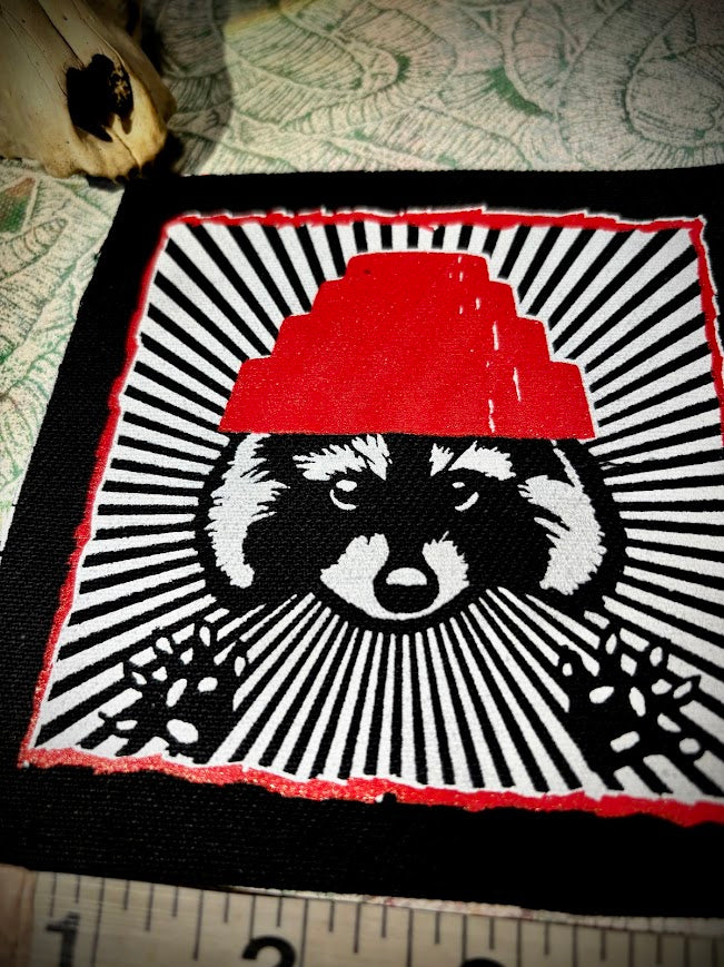 Are We not Trashy? Raccoon with a Devo hat patch.