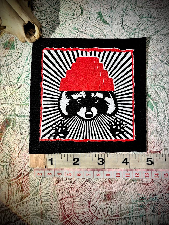 Are We not Trashy? Raccoon with a Devo hat patch.