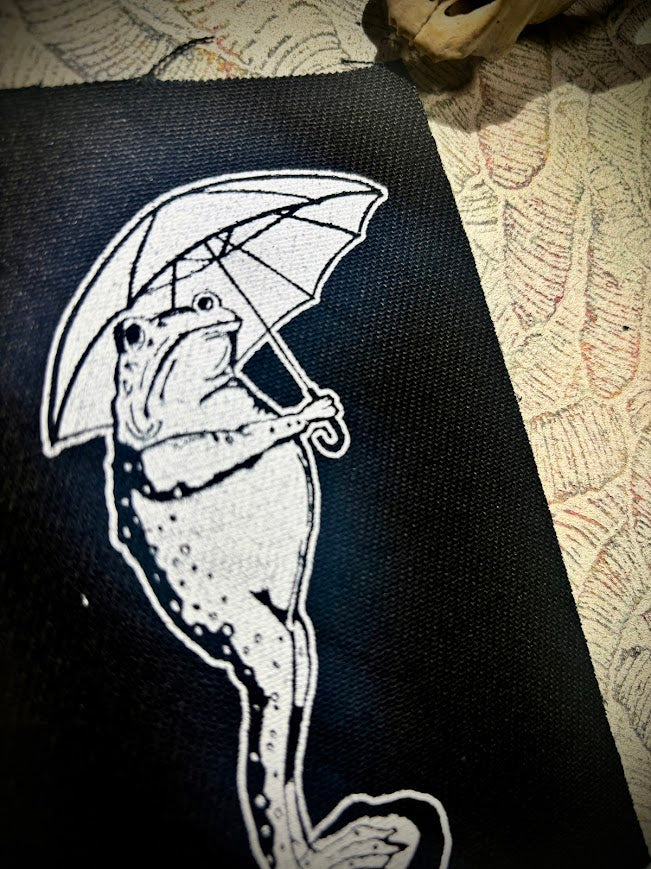 Sad frog holding an umbrella in the rain patch.