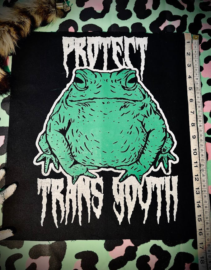 Protect trans youth with a chonky toad backpatch