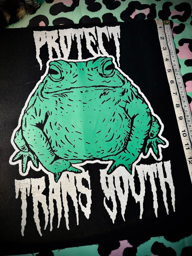 Protect trans youth with a chonky toad backpatch