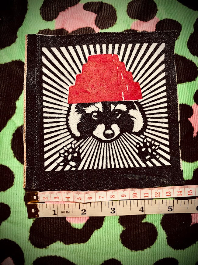 Are We not Trashy? Raccoon with a Devo hat patch