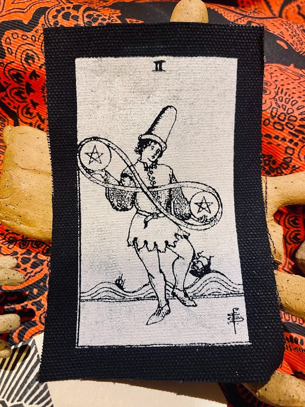 Two of Pentacles tarot card sew on patch. 2 of pentacles, from the Rider Waite tarot deck