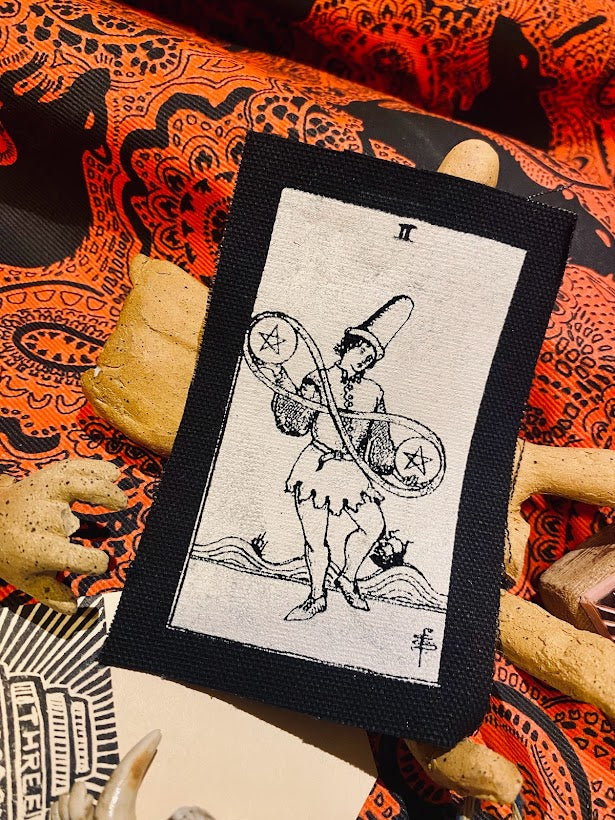 Two of Pentacles tarot card sew on patch. 2 of pentacles, from the Rider Waite tarot deck