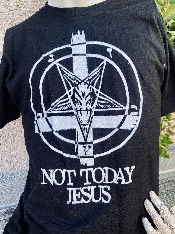 Not today Jesus tee. featuring an inverted cross and an inverted pentagram.