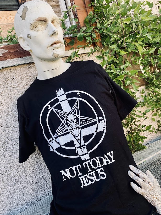 Not today Jesus tee. featuring an inverted cross and an inverted pentagram.