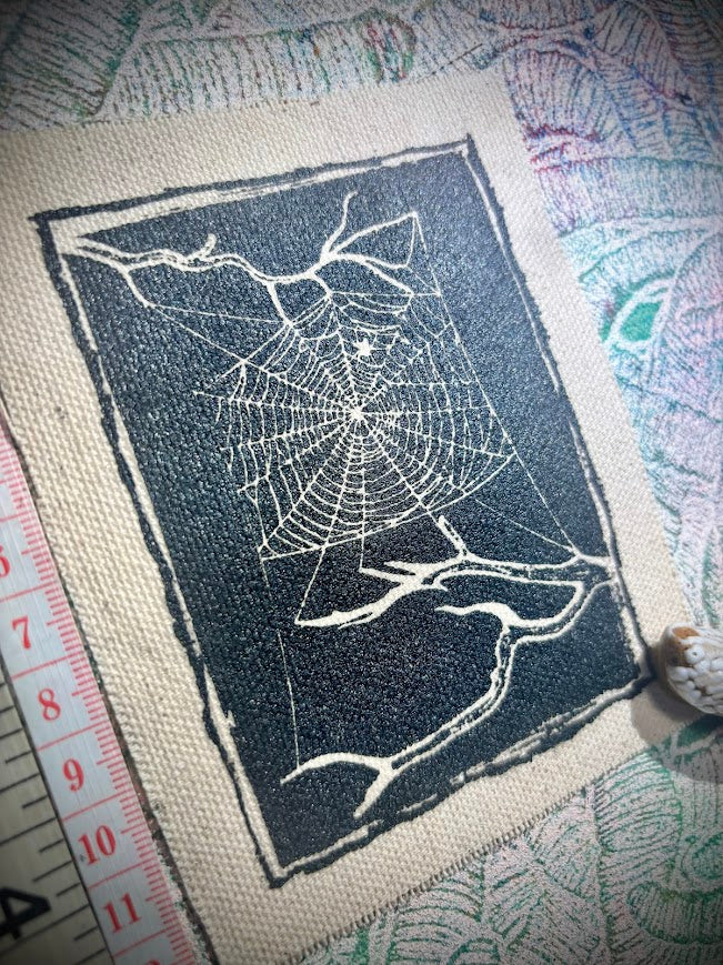 Spider web, stung up between two dead branches sew on patch