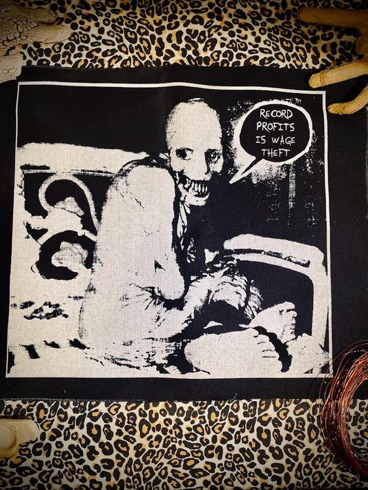 Russian sleep experiment monster saying Record Profits as Wage theft back patch.