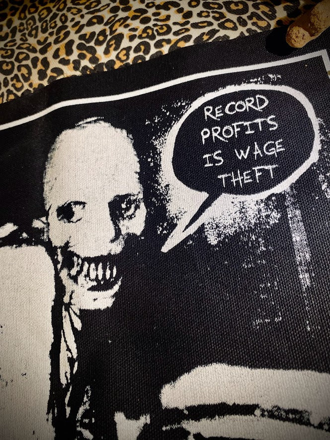 Russian sleep experiment monster saying Record Profits as Wage theft back patch.