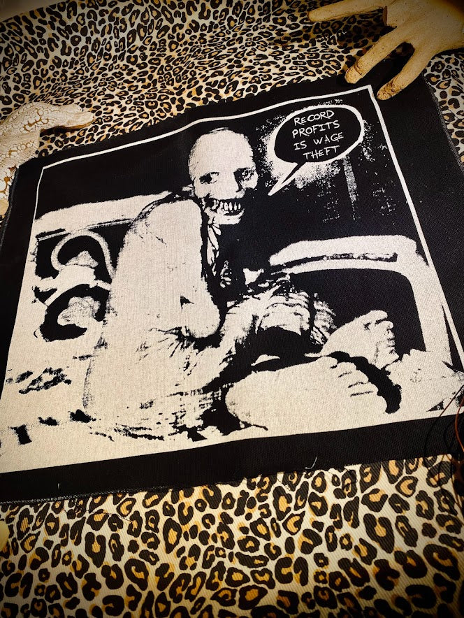 Russian sleep experiment monster saying Record Profits as Wage theft back patch.