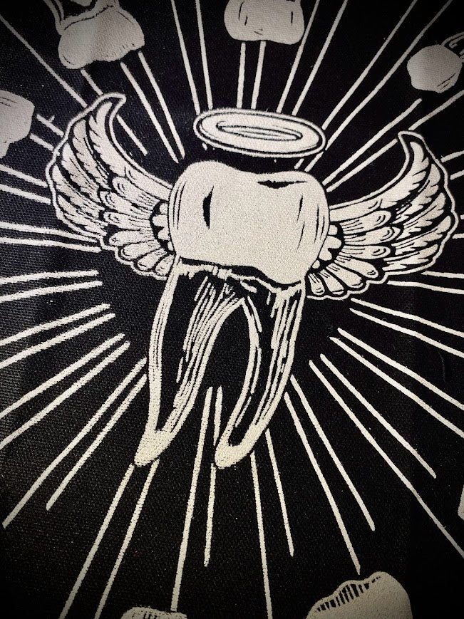 tooth angel, toof angel back patch. a buncha teeth in a big circle worshipping another tooth