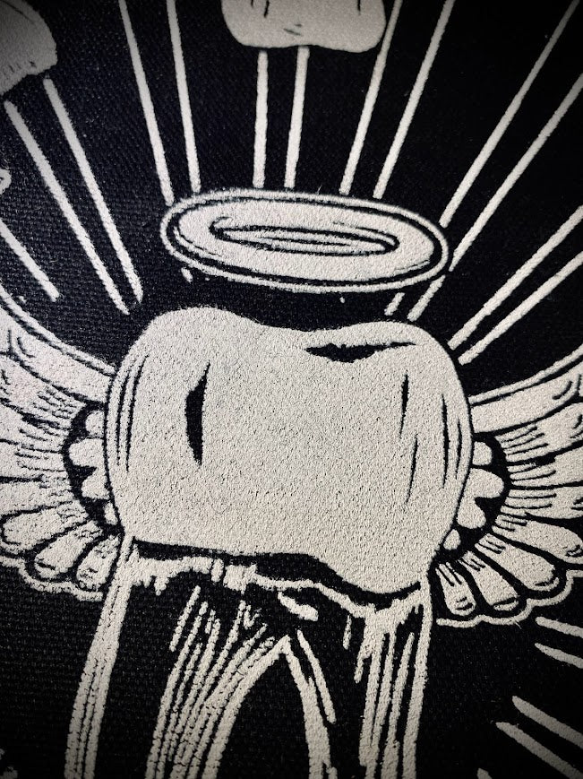 tooth angel, toof angel back patch. a buncha teeth in a big circle worshipping another tooth