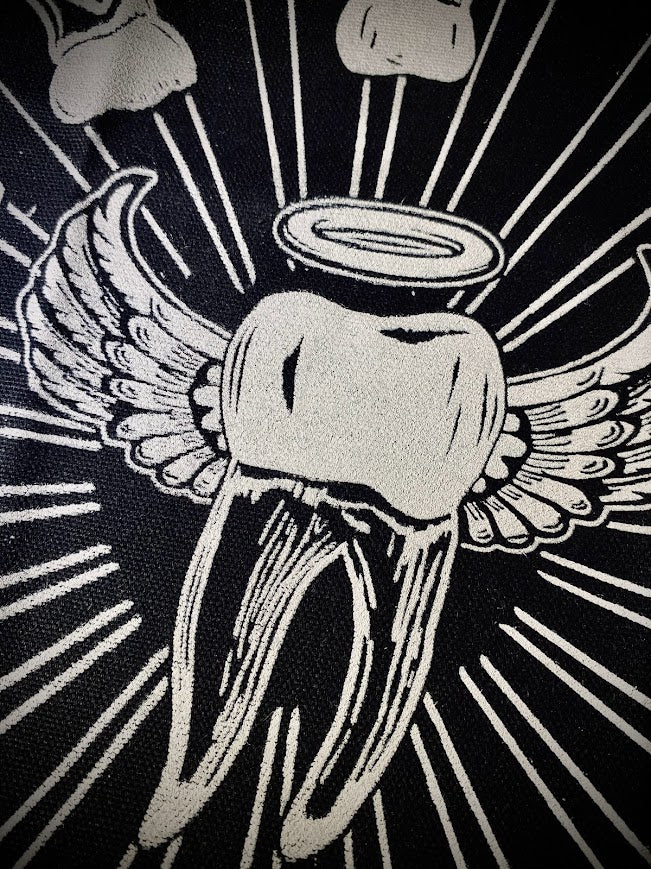 tooth angel, toof angel back patch. a buncha teeth in a big circle worshipping another tooth