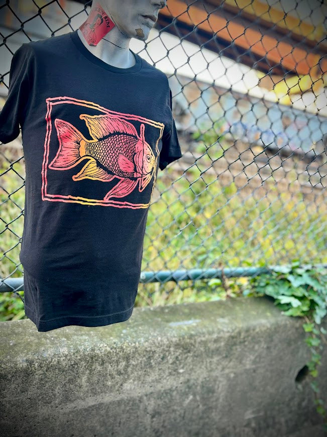 Fish smoking a cigarette on a t-shirt.