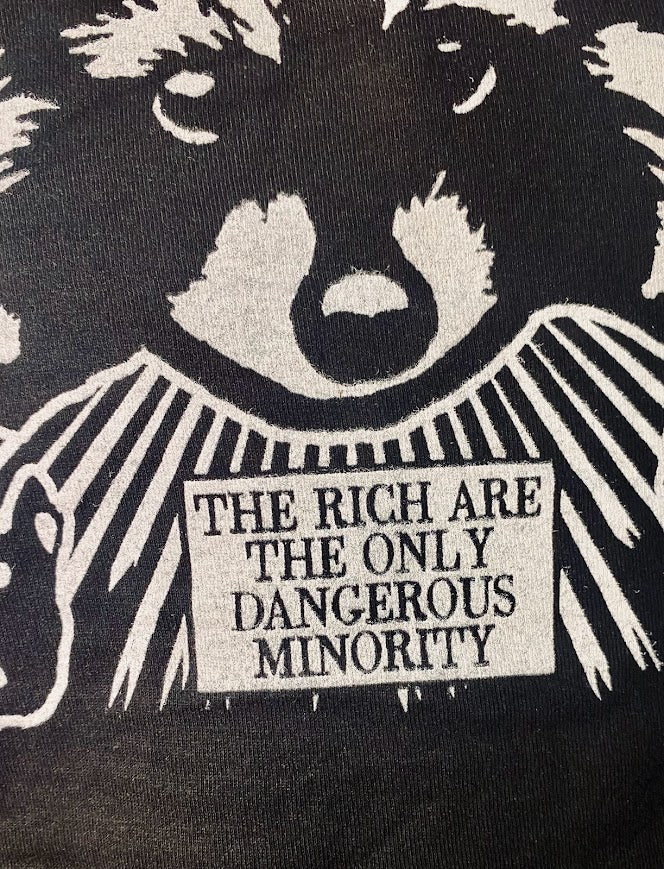 The rich are the only dangerous minority, with a raccoon wearing a devo hat