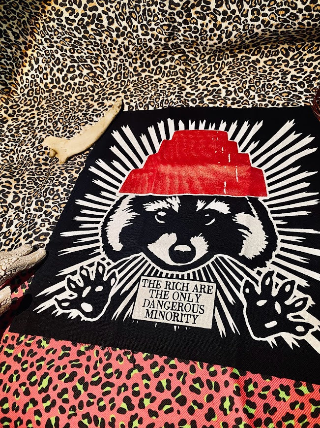 the rich are the only dangerous minority/raccoon devo back patch