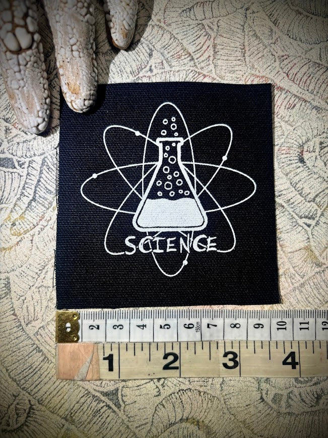 Science! sew on patch featuring bubbling science chemicals