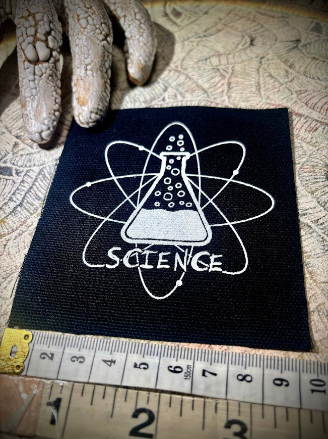 Science! sew on patch featuring bubbling science chemicals