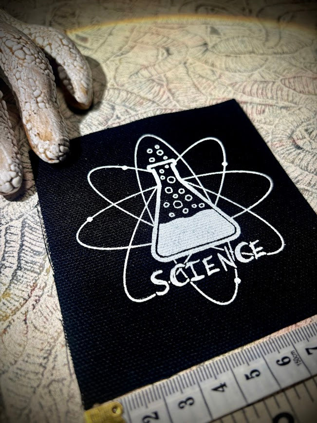 Science! sew on patch featuring bubbling science chemicals