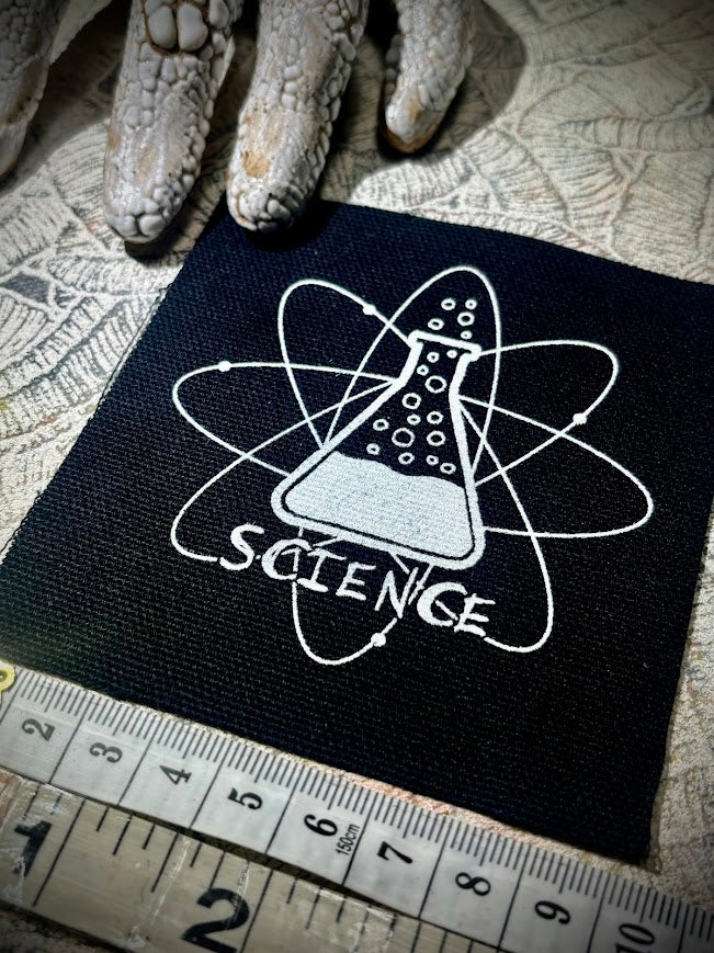 Science! sew on patch featuring bubbling science chemicals