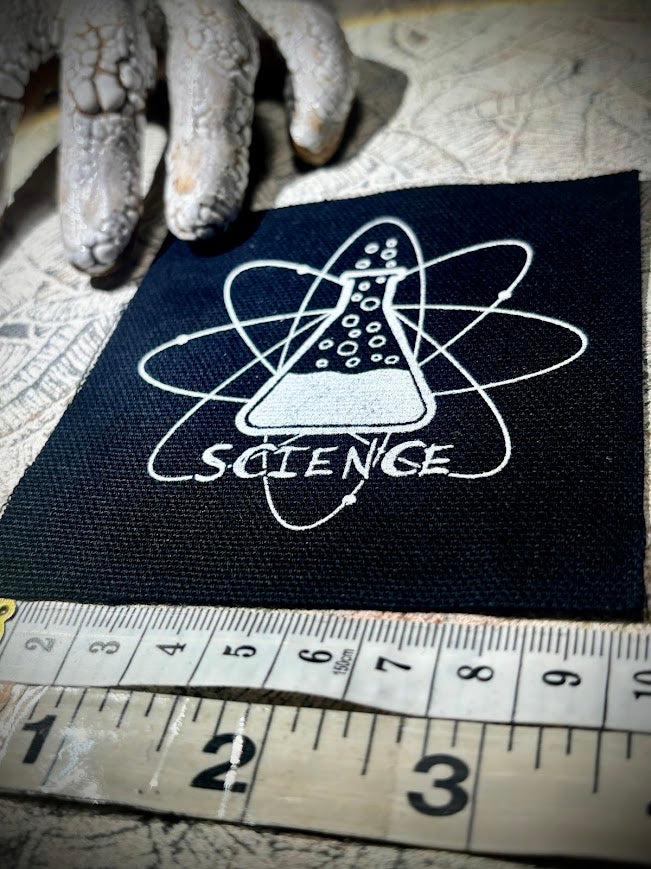 Science! sew on patch featuring bubbling science chemicals