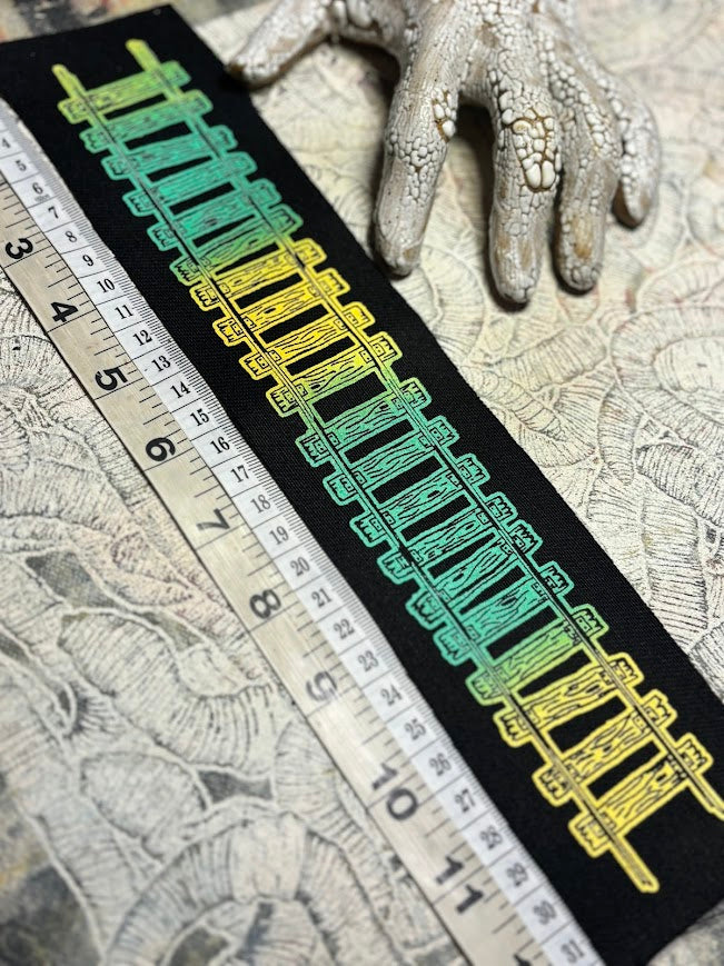 Train tracks sew on patch. 11 inches long