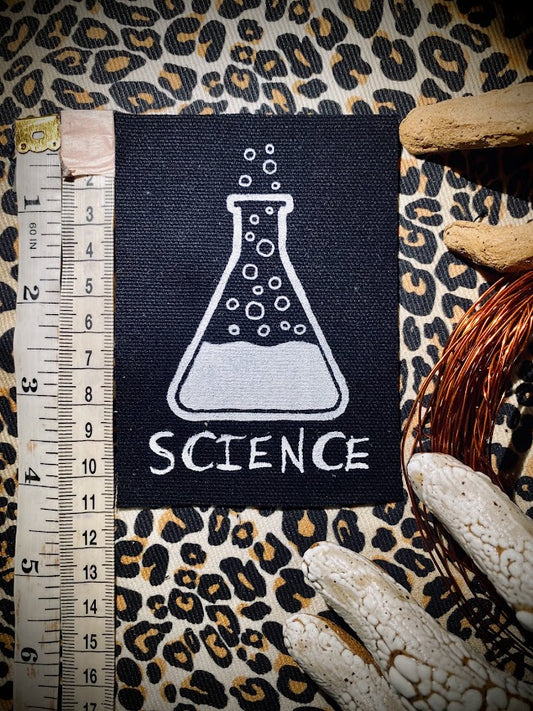 Science! sew on patch featuring bubbling science chemicals