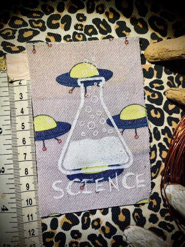 Science! sew on patch featuring bubbling science chemicals