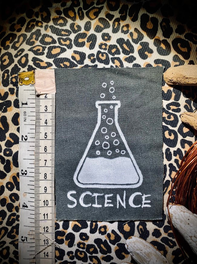 Science! sew on patch featuring bubbling science chemicals