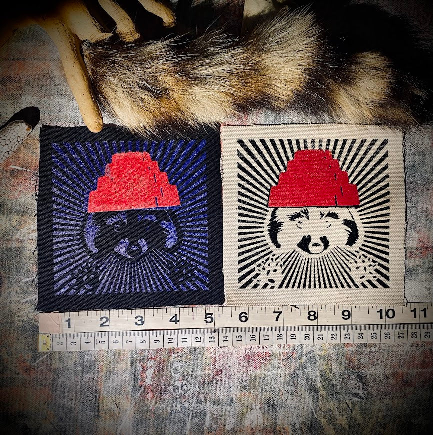 Are We not Trashy? Raccoon with a Devo hat patch