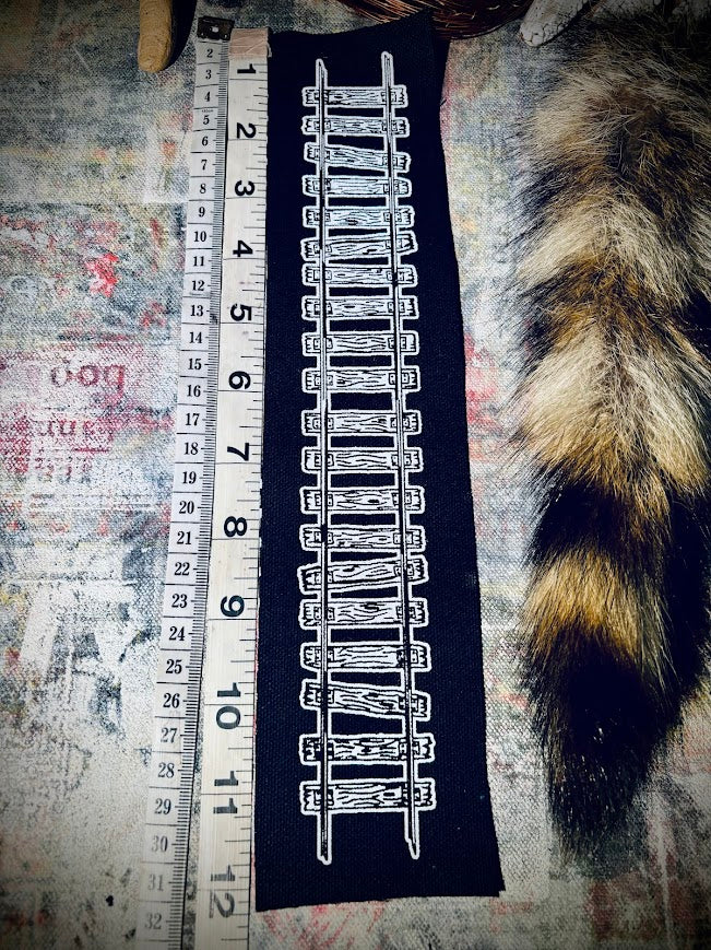 Train tracks crusty sew on patch. 11 inches long