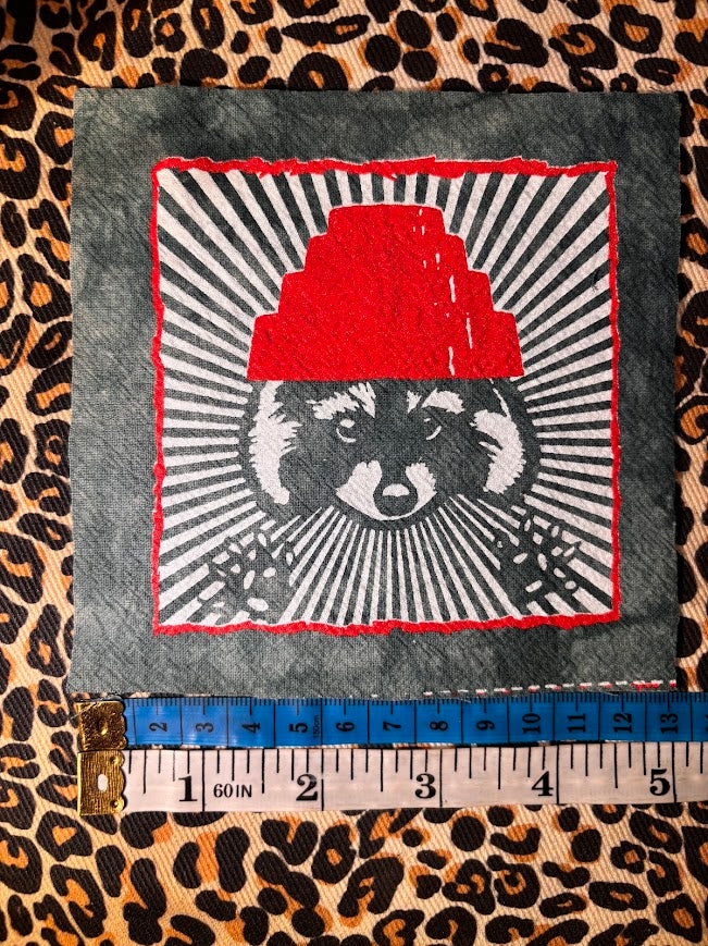 Are We not Trashy? Raccoon with a Devo hat patch