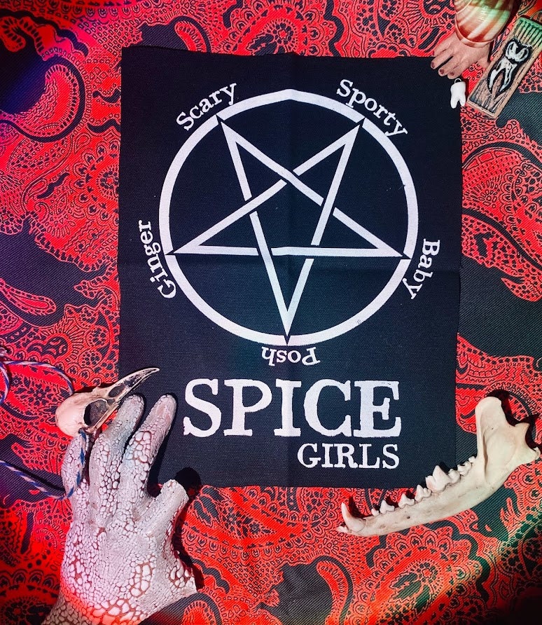 Satanic Spice Girls back patch. 90's nostalgic goth girl group for punk battle vests, crusty overalls, horror goth backpacks